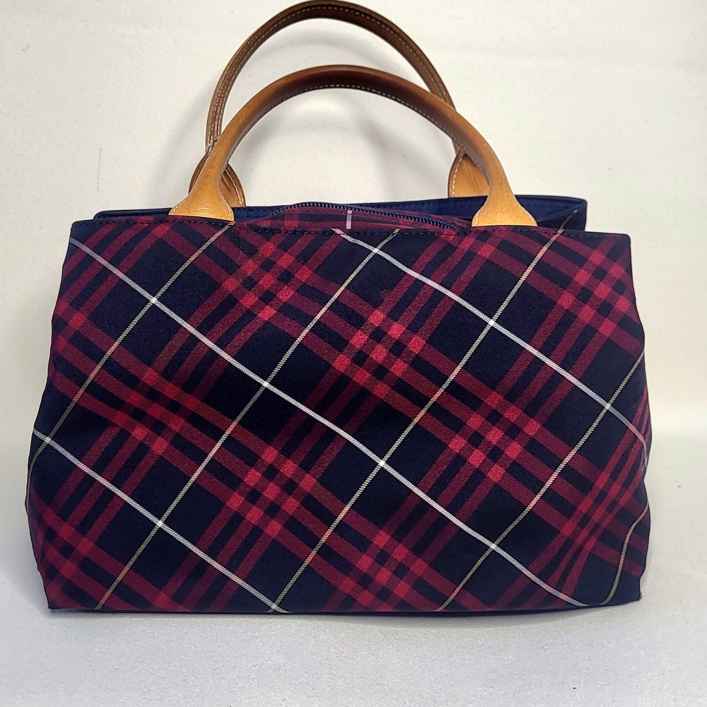 Burberry Red and Black Plaid Tote with Tan Handles
